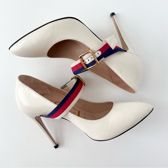 GUCCI | Sylvie Web Stripe Buckle White Leather Pumps EU 36 - Picture 10 of 16